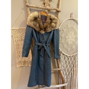 Vintage Blue Leather Trench Coat with Fur Collar